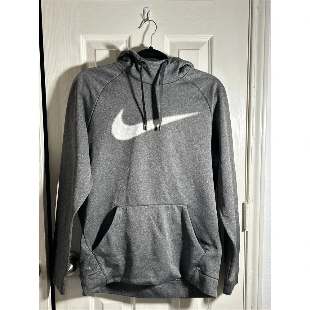Nike‎ Hoodie Mens M Gray Pullover Swoosh Logo Dri-Fit Performance Training